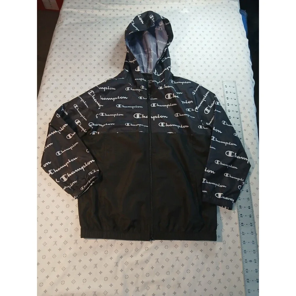 Champion Boys Windbreaker Jacket Medium S Small Black White All Over Print Zip